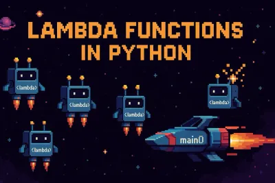 Spaceship flying past robots labelled as lambda functions
